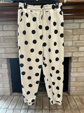 Poppy & Pine Polka Dot Drawstring Joggers - Black on Cream EUC